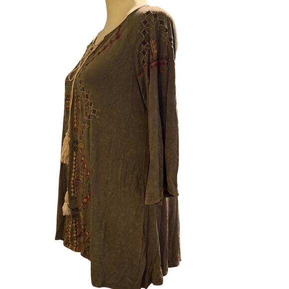 POL Embroidered Boho Tunic Top, Olive Green Peasant Tassel Tie Festival, Small - Picture 4 of 8